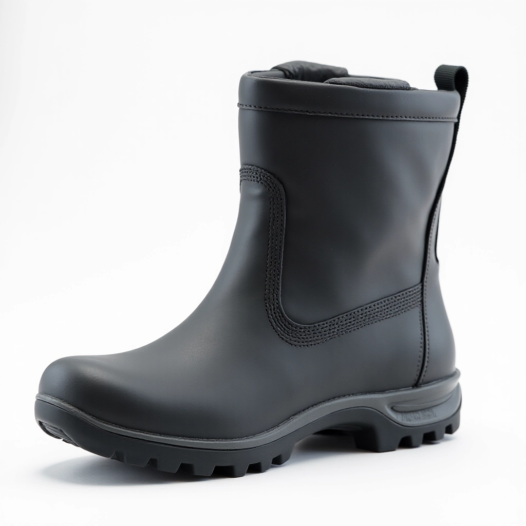 Charcoal waterproof winter boot three-quarter view showing lug sole detail and calf height with reflective heel patch