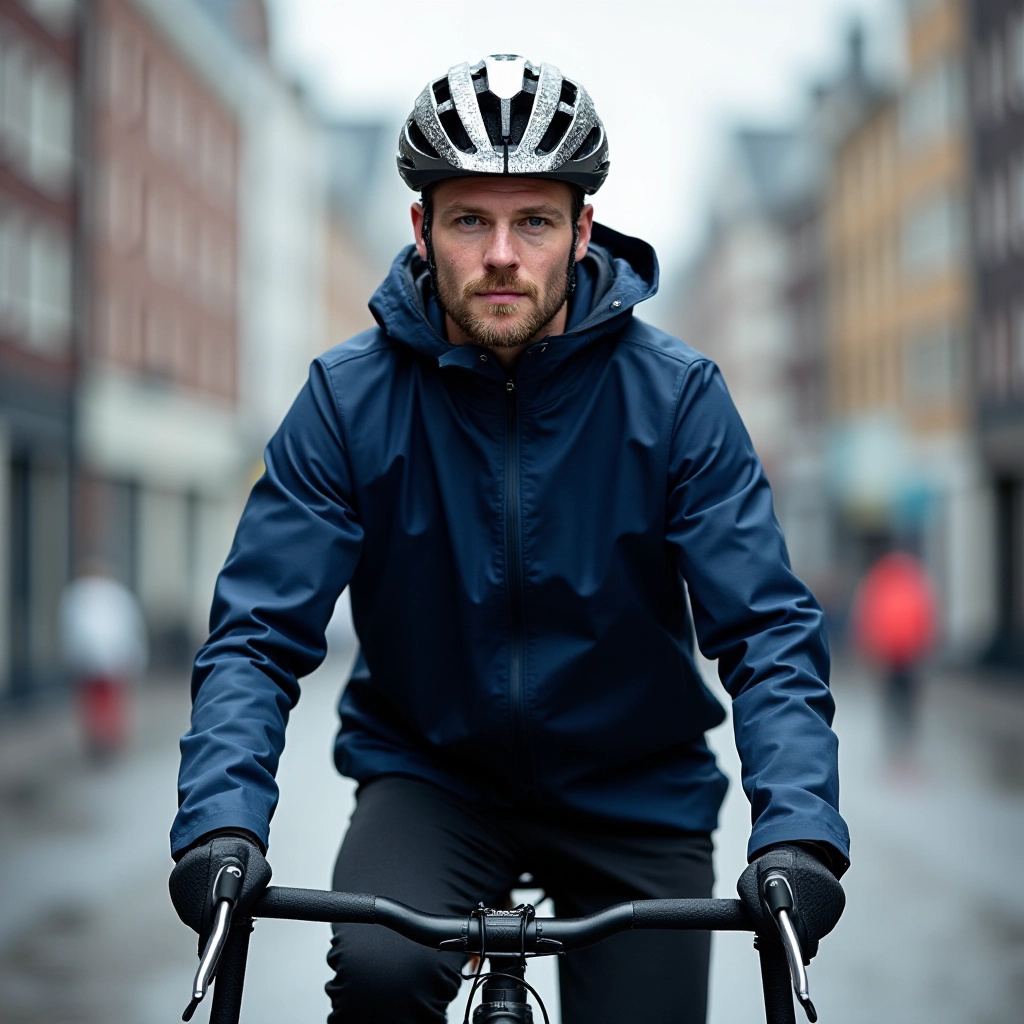 Person wearing navy rain jacket on bicycle commute through rainy urban street, showing fit and proportions during real-world cycling use
