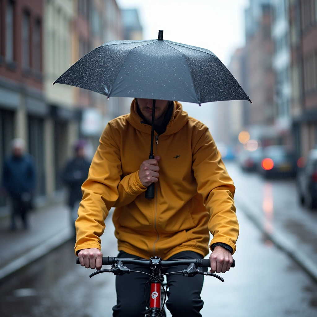 Person on bicycle using compact umbrella while cycling through rainy urban street with buildings in background