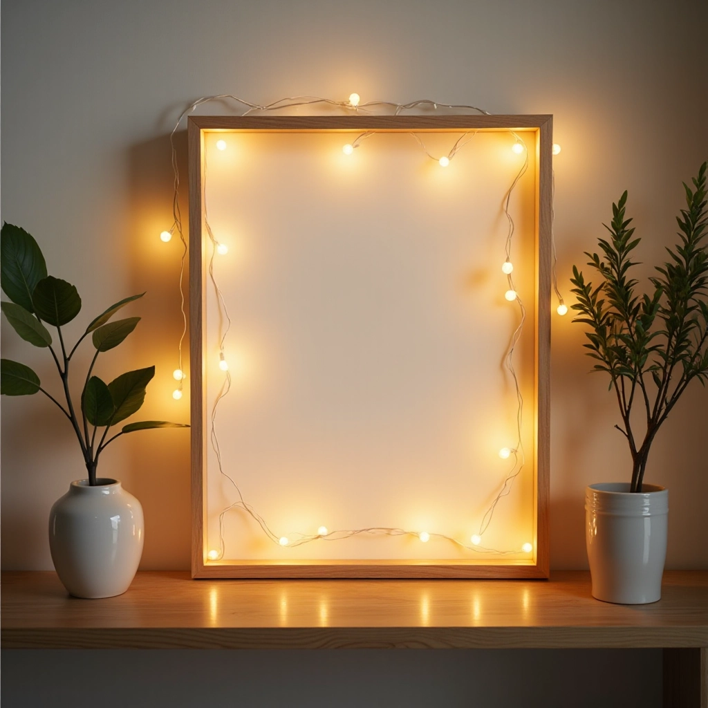 Fairy lights frame displayed on wooden shelf next to decorative items, warm glow creating cozy reading nook atmosphere