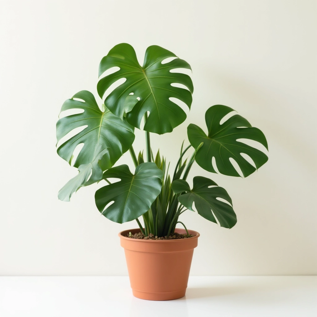 Healthy Monstera Deliciosa plant with multiple mature split leaves in terracotta pot, centered against light background with natural studio lighting