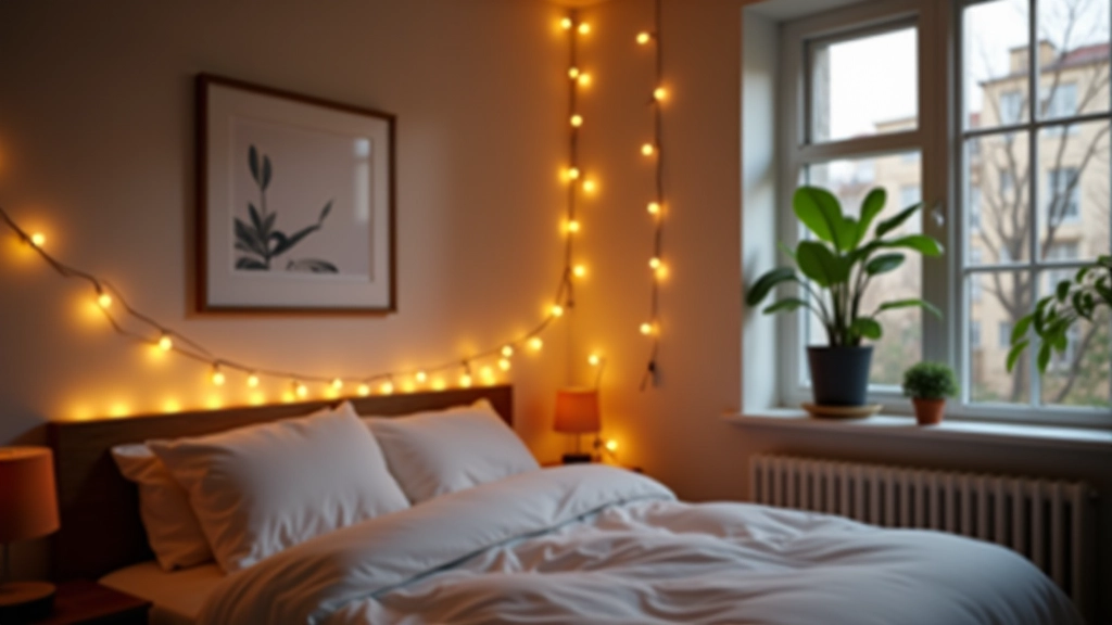 Beautifully decorated rental bedroom with fairy lights and potted plants creating a warm ambiance