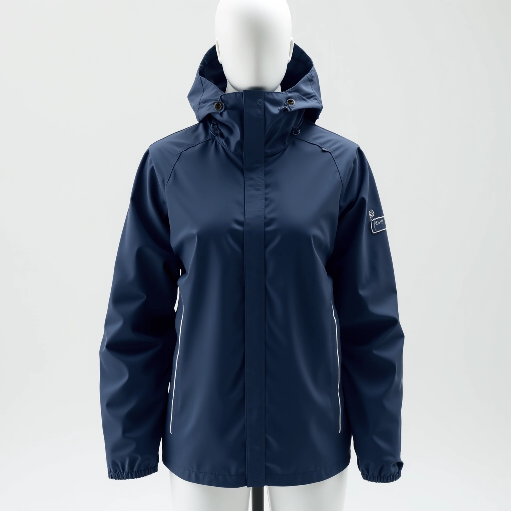 Navy blue technical rain jacket three-quarter front view showing waterproof seams and reflective accents