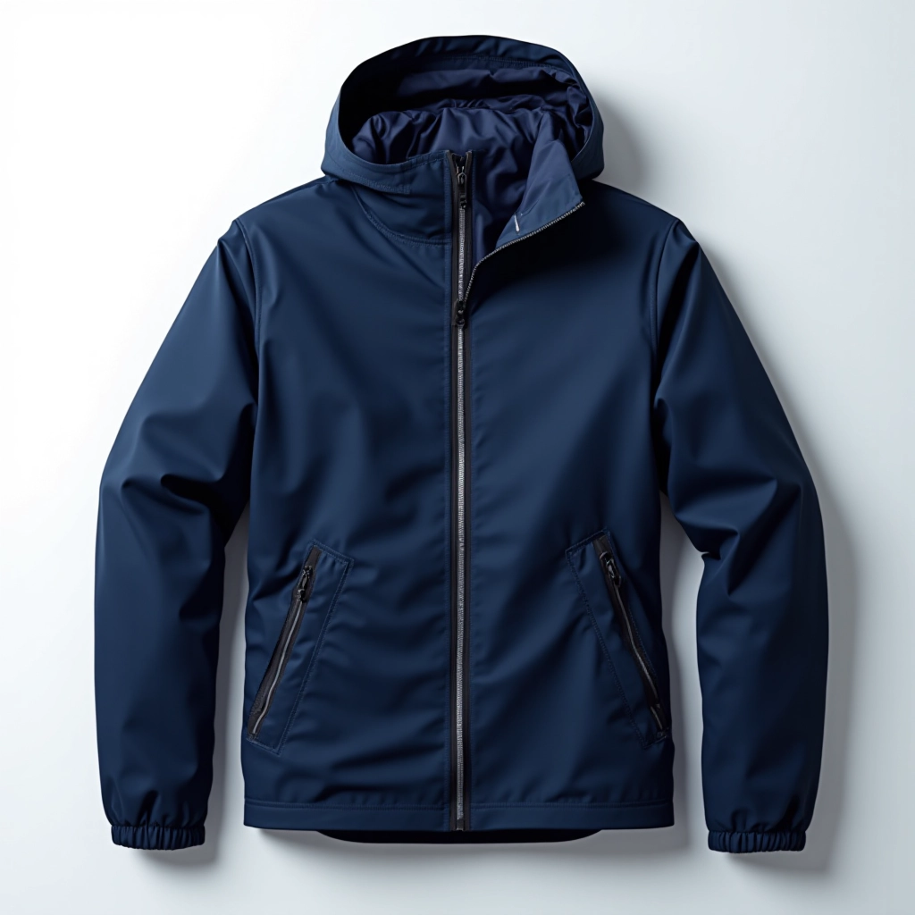 Close-up detail of navy rain jacket showing reflective piping, sealed seams, and ventilation zipper construction
