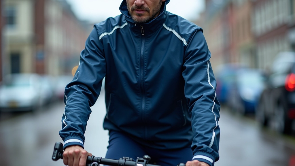 Navy rain jacket being tested in wet weather conditions
