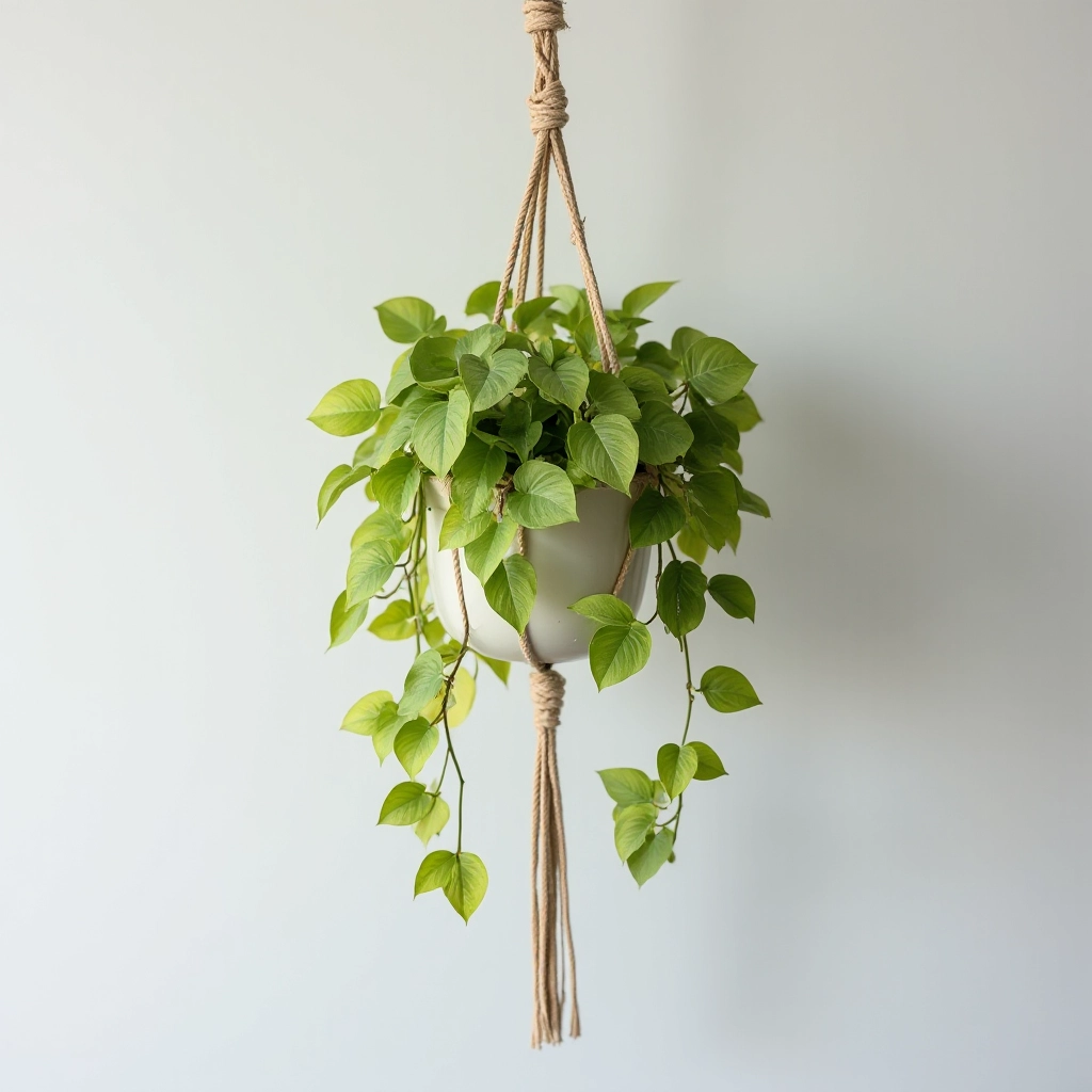 Pothos golden plant cascading from hanging pot, green and golden vine trailing downward