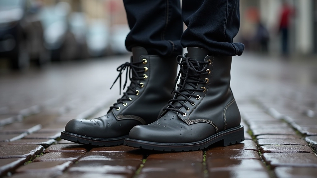 Waterproof commuter boots on wet pavement