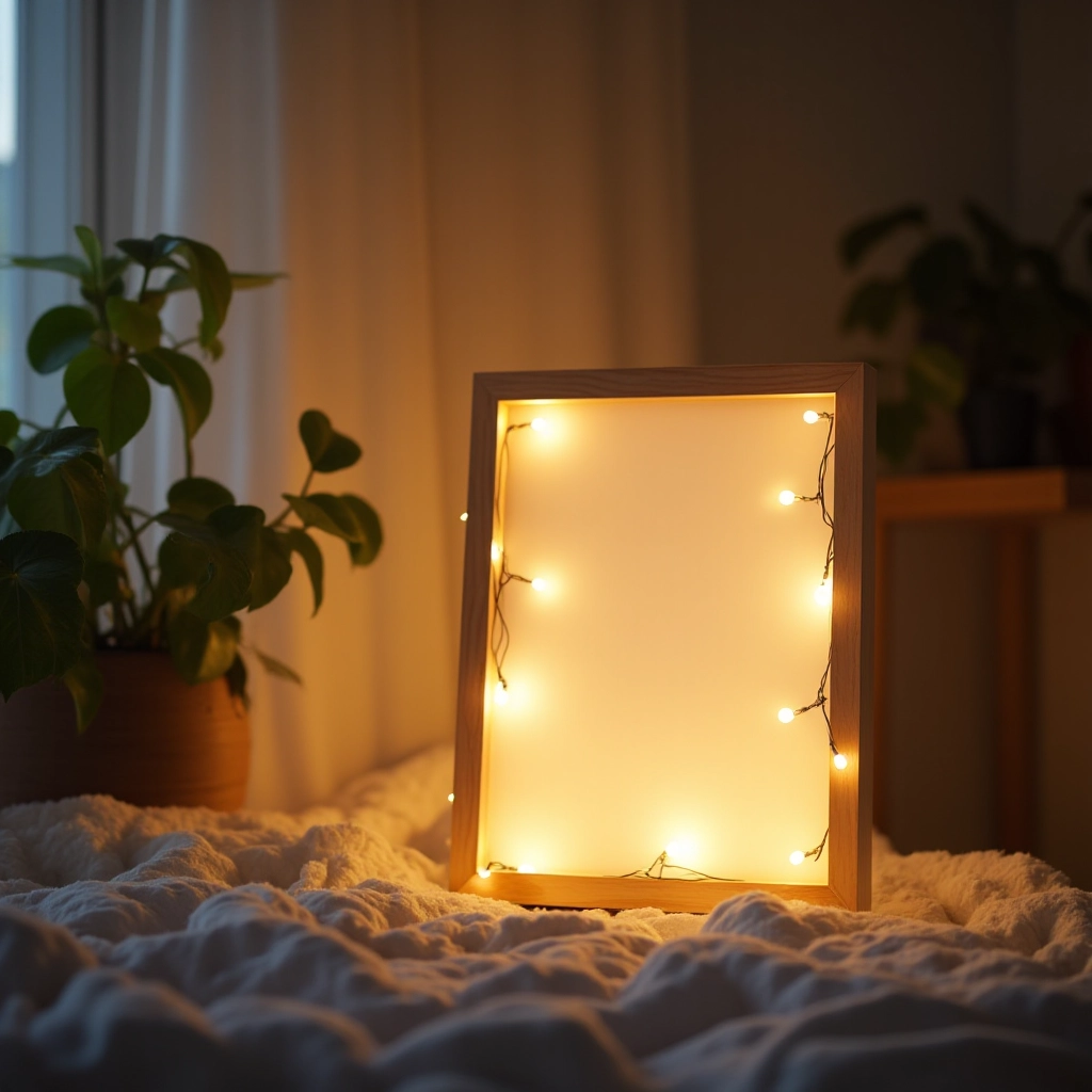 Fairy lights frame placed on bedroom floor next to plants, creating ambient room lighting in evening, warm glow illuminating surrounding space